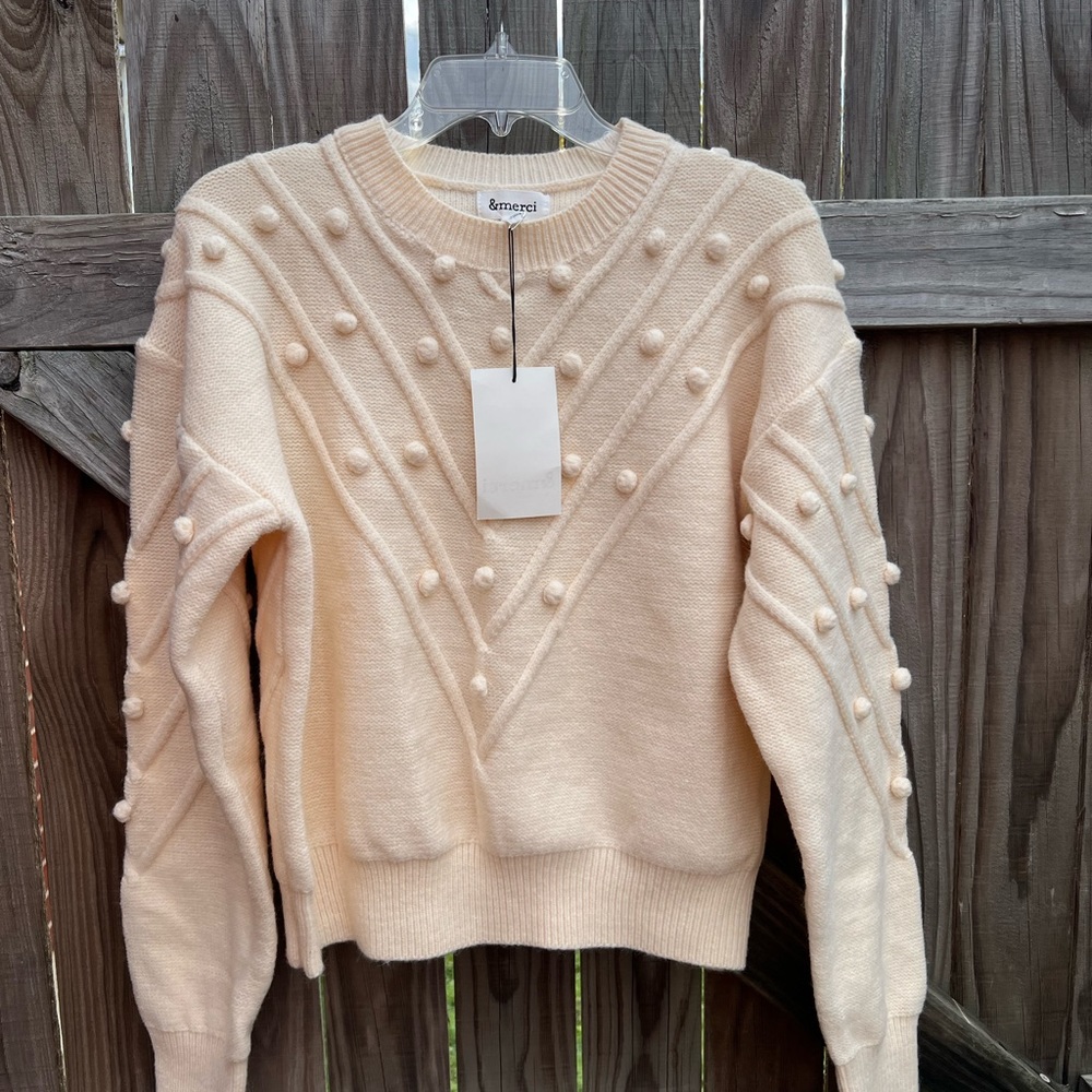 Cream Sweater with Pom Pom Details